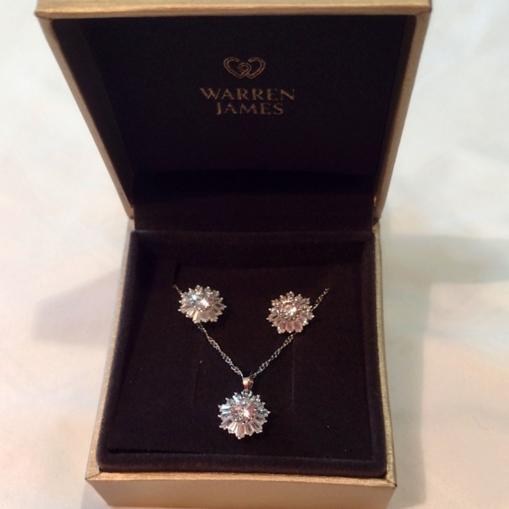 New in Box! Warren James, Silver and Cubic Zirconia Necklace and Earrings Set